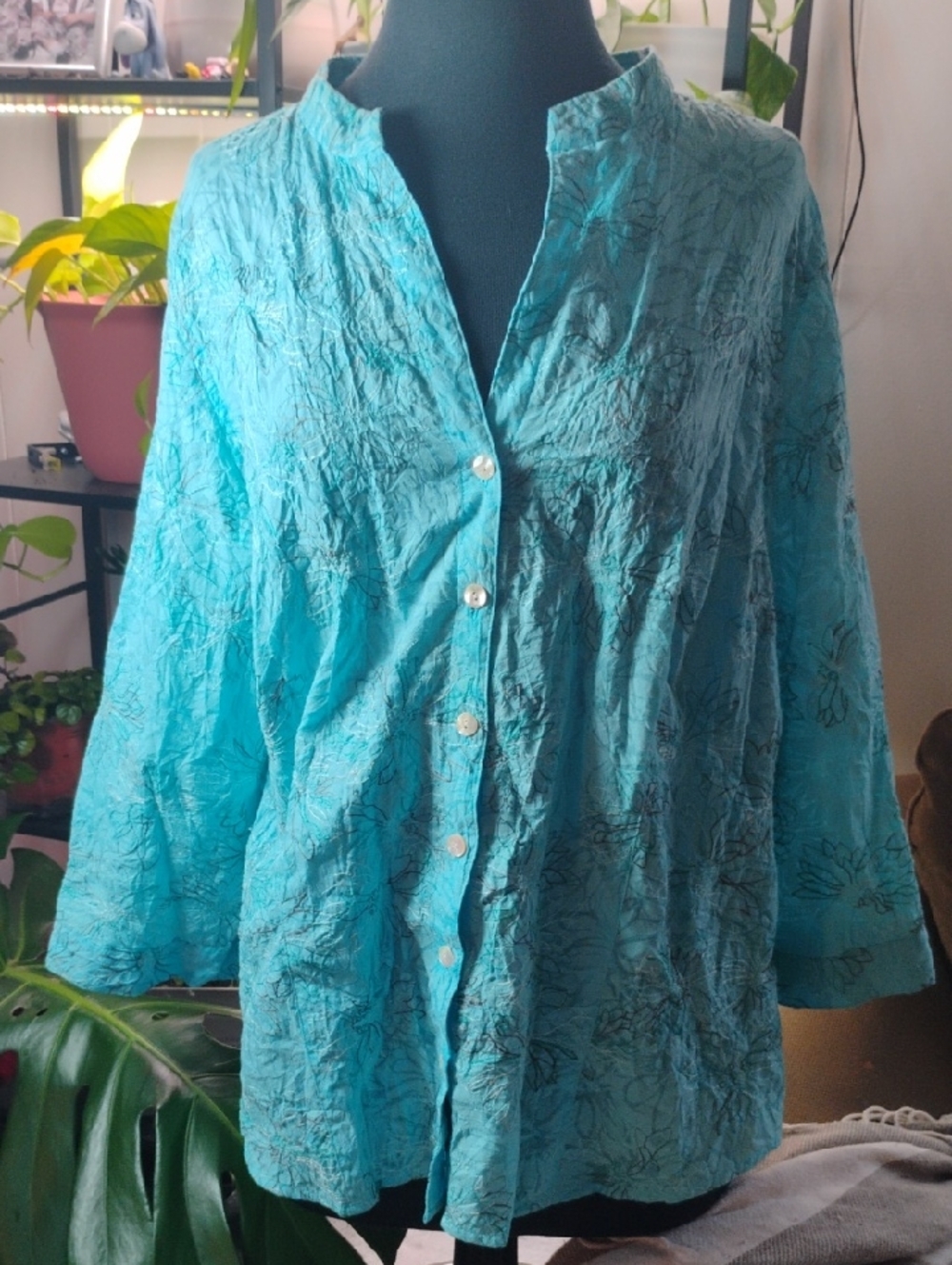 JH Collectibles Turquoise Crinkle Button-Front Textured Shirt